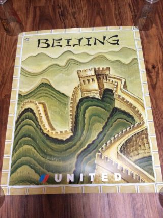 United Airlines Travel Poster Beijing Great Wall Of China Graphics Rare