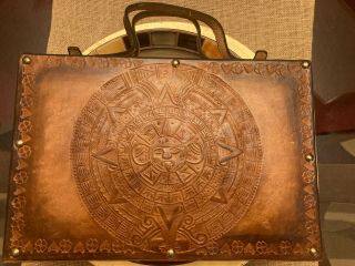 Vintage Leather Bound Case Backgammon Set Carved Mexican Sun Dial Rare