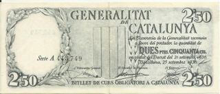Spain - Generalitat De Catalunya 2.  5 Pesetas 1936 Civil War.  Xf.  Rare.  4rw 16mar