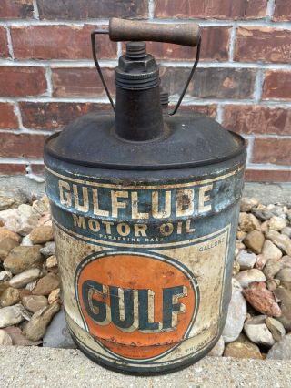 Rare Early Gulf Oil Gulflube Motor Oil 5 Gallon Oil Can Vintage Antique Gas Old