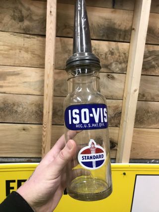 Standard Oil Iso - Vis Glass Oil Bottle W/ Spout 1948 Rare Painted