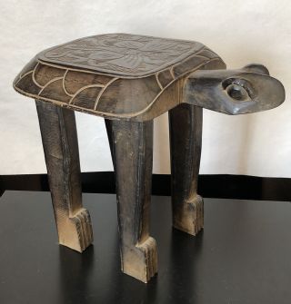Rare Vintage Turtle Wood Stool Hand Carved Butterfly Exotic Artisan Decor 12.  5”h
