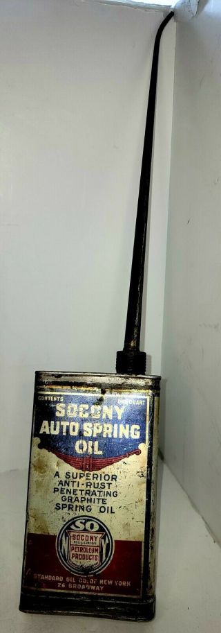 Rare Antique Socony Auto Spring Oil Quart Soldered Can Long Spout