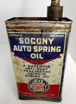 RARE ANTIQUE SOCONY AUTO SPRING OIL QUART SOLDERED CAN LONG SPOUT 2