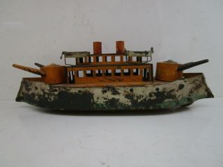 1910 Schieble Pressed Steel Hill Climber Friction Battleship Gun Boat Toy Rare