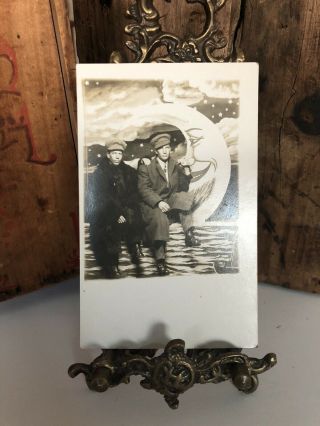 Antique Rppc Two Men Sitting On Paper Moon.  Gay 1900 