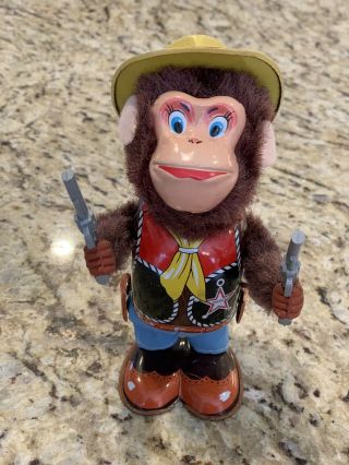 Vintage Rare Monkey Sheriff Tin Wind Up Toy,  Made In Japan,  Box,