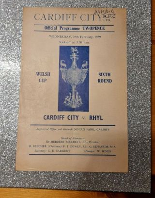 Very Rare Cardiff City V Rhyl 6th Round Welsh Cup 25/2/59