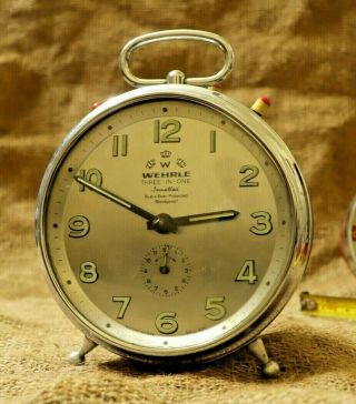 Vintage Wehrle Alarm Clock 3 In 1,  Unique & Rare Clock Gray Dial Made Of Chrome