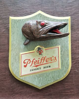 Vintage Antique Rare Pfeiffers Beer Muskie Fish Chalkware Plaque Bar Sign