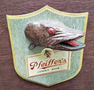 Vintage Antique Rare Pfeiffers Beer Muskie Fish Chalkware Plaque Bar Sign 2
