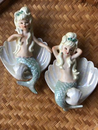 Htf Rare Vintage Lefton Mermaids On Clam Shell Wall Plaque Set Of 2