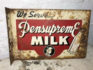 RARE 1940s Antique Pensupreme Dairy Milk Metal Flange Sign Gas Oil VTG 2