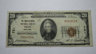 $20 1929 Troy York Ny National Currency Bank Note Bill Ch.  721 Vf,  Rare
