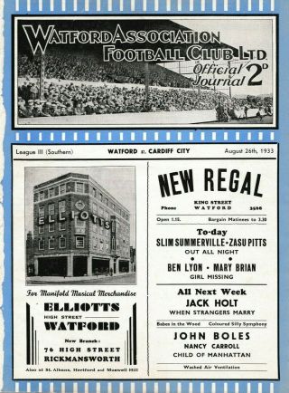 Rare Pre - Ww2 Football Programme Watford V Cardiff City 1933