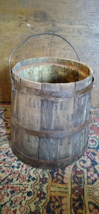 Rare Antique Early Primitive Wood Paint Bucket Marked Kruse Hardware Cinc.  8.  25 "
