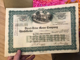 Direct - Drive Motor Company Automobile Stock Certificate Circa 1918 (very Rare)