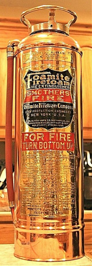 Rare Antique Vintage " Foamite Firefoam " Copper Brass Fire Extinguisher - Polished