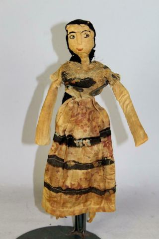 A Rare 19th C Folk Art Straw Filled Doll Sewn Face Black Cloth Hair Fancy Dress
