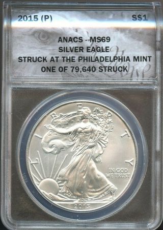 2015 (p) $1 American Silver Eagle Ms 69 Anacs,  Phili,  79,  640 Stuck,  Rare