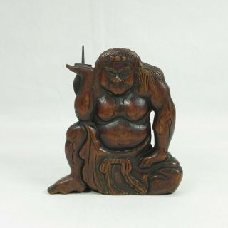C052: Very Rare,  Really Old Japanese Wooden Candlestick Of Great Man Statue