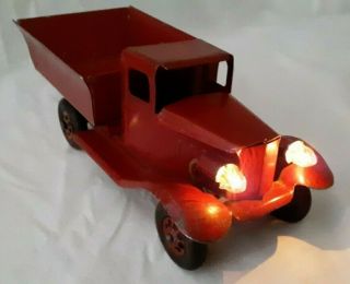 Girard Toys Antique Pressed Steel Red Dump Truck Battery Operated Lights Rare