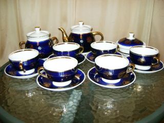 Rare Vintage Porcelain Tea Set For Six People Cobalt Snowflake (dovbysh Ussr)