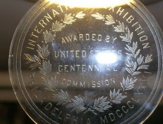 Rare 1876 Centennial Exhibition Award Medal Etched Glass Paperweight