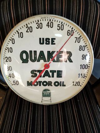 Old QUAKER STATE MOTOR OIL round advertising thermometer sign Rare gas auto 2