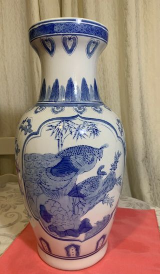 Large Vintage Blue And White Vase Handmade Hand Painted Rare 18 Inches Tall