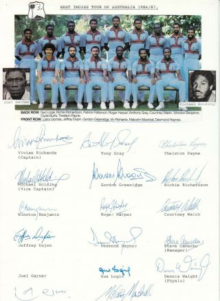 West Indies Cricket Tour Of Australia 1986 87 Rare Signed Team Sheet