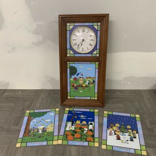 Rare Danbury Stained Glass Peanuts Snoopy Seasons Wall Clock Lighted