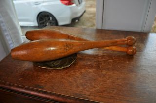 Pair Antique 1876 Spalding Wooden Indian Clubs Exercise Pins Model B.  S.  Rare