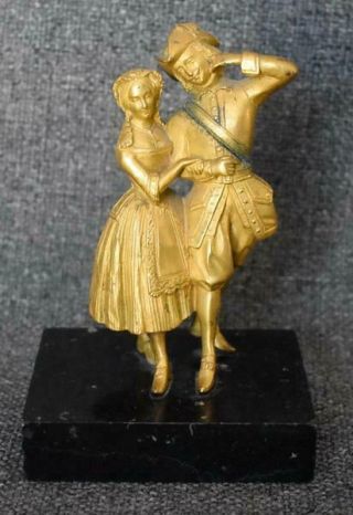 Rare Antique French Gilt Bronze Miniature Elizabethan Courting Couple On Marble