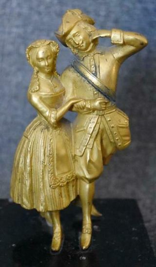 RARE ANTIQUE FRENCH GILT BRONZE MINIATURE ELIZABETHAN COURTING COUPLE ON MARBLE 2