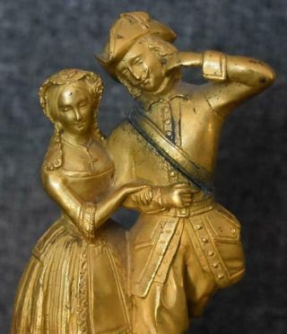 RARE ANTIQUE FRENCH GILT BRONZE MINIATURE ELIZABETHAN COURTING COUPLE ON MARBLE 3