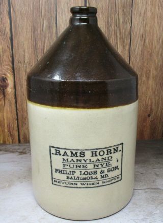 Antique Rams Horn Baltimore,  Md Philip Lobe & Son Pure Rye Whiskey Jug Rare