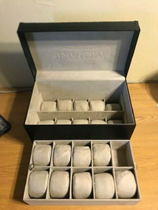 Rare Invicta 20 Slot Watch Case Box Black Leather Tray Silver Logo 19 Pads
