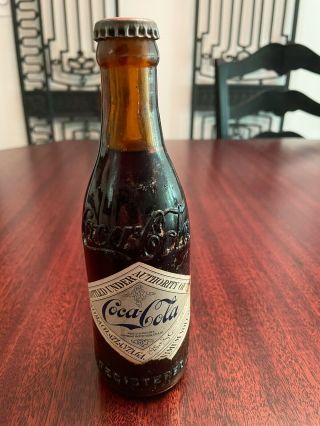 Full Coca Cola Straight Side Bottle Label Rare Amber Brown Glass 1900’s