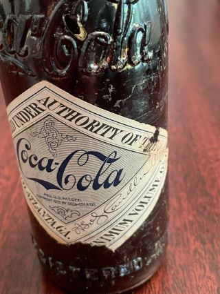 full coca cola straight side bottle Label Rare Amber Brown Glass 1900’s 2