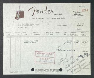 1959 Fender Jazzmaster Guitar Rare Sales Paper Invoice,  Santa Ana,  Ca