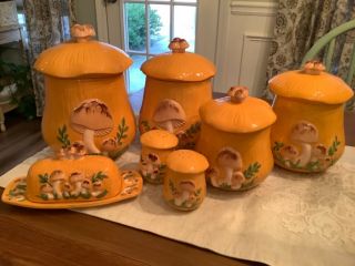 Arnels Ceramic Mushroom Canister Set Of 4 W/s&p Shakers Butter Dish Rare Color