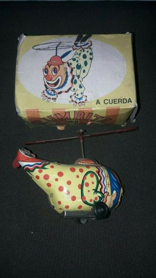 Vintage Toys Rare Circus Clown Helicopter Rope Tin Made In Argentina