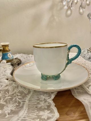 Rare Antique Brown Westhead & Moore Rope Handle Feet Cup & Saucer Turquoise