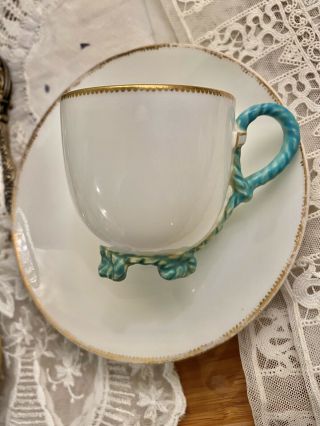 Rare Antique Brown Westhead & Moore Rope Handle Feet Cup & Saucer Turquoise 2