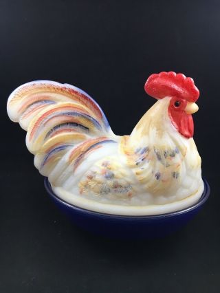 Fenton Hand Painted Rooster Hen On Nest - Signed - Cobalt Multi Rare Folk Style