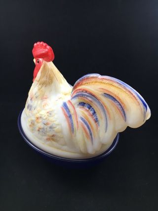 FENTON HAND PAINTED ROOSTER HEN ON NEST - Signed - COBALT MULTI RARE FOLK STYLE 2