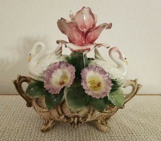 Vintage Rare Large Gorgeous Capodimonte Centerpiece Swan And Roses - Porcelain
