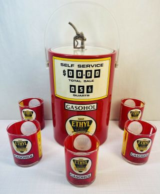 Complete Vintage Ethyl Gas Ice Bucket W/ Glasses Salesman Sample Rare