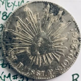 1867 Pi Ps Mexico Silver 8 Reales Rare Vf,  Km 377